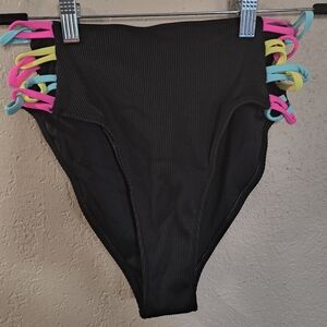 Popvil Sz L Black High-Waisted Bikini Bottom with Colorful Side Ties
